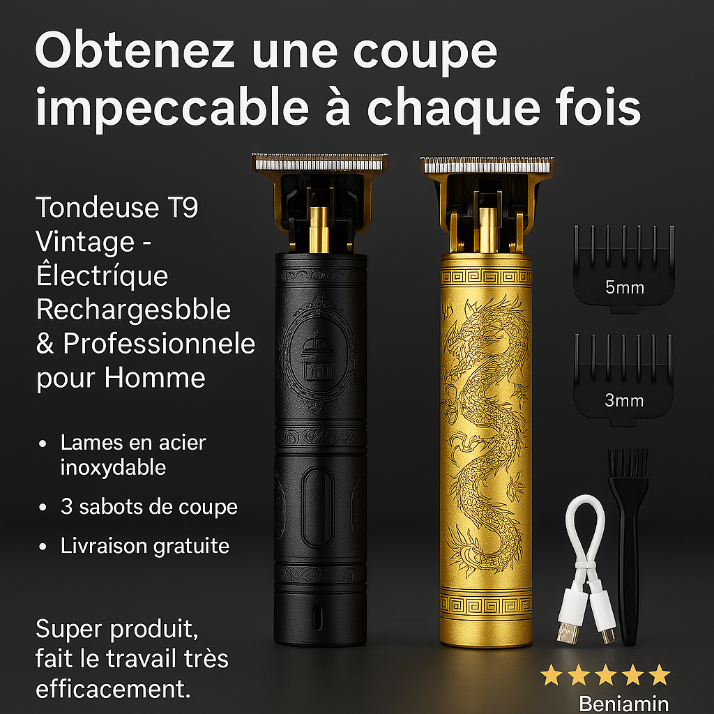 Tondeuse T9 Vintage – Électrique, Rechargeable & Professionnelle pour Homme & Barbier